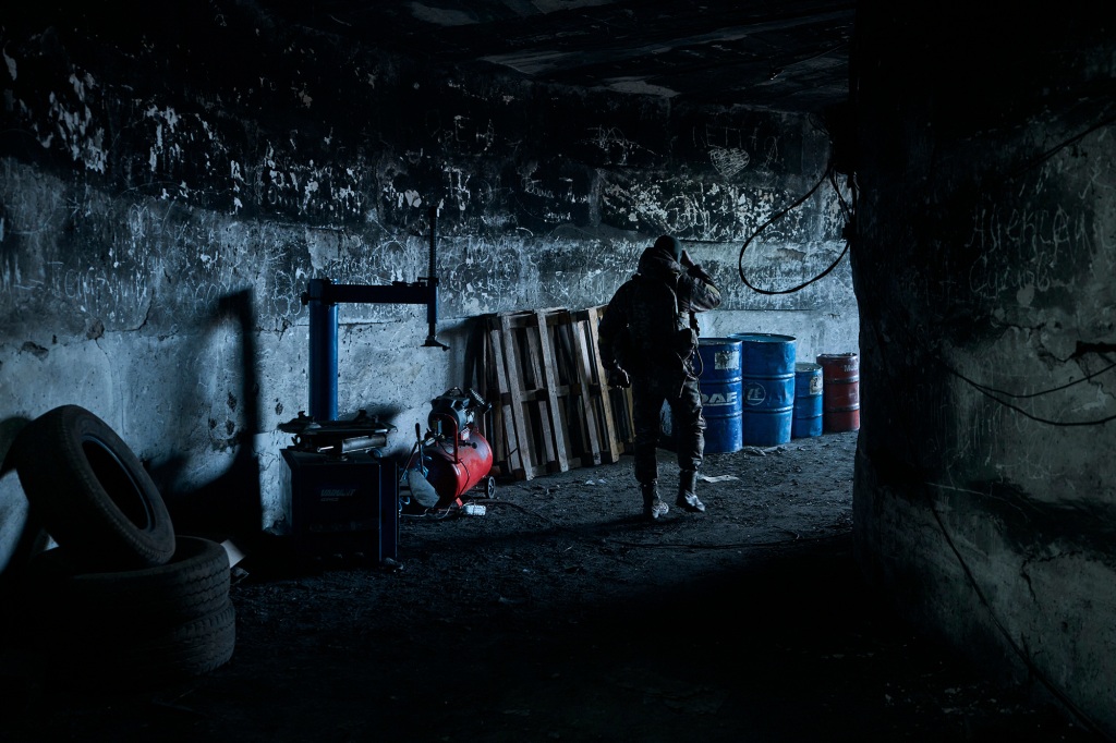 A Ukrainian soldier walks in an underground command center in Bakhmut, Donetsk region, Ukraine.