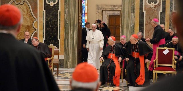 Pope Francis attends the annual Christmas greetings with the Roman curia at the Clementina Hall on Dec. 21, 2019, in Vatican City.