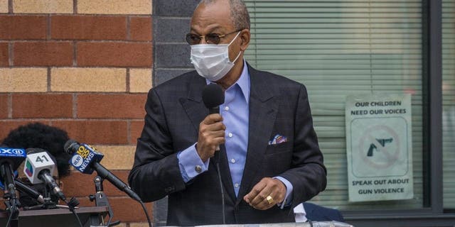 The Rev. Calvin Butts of Abyssinian Baptist Church speaks in New York City on Sept. 25, 2020.