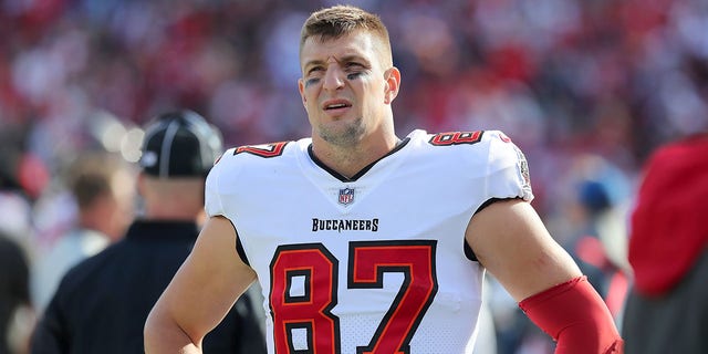 Tampa Bay Buccaneers tight end Rob Gronkowski watches a replay on the Jumbotron during an NFC divisional game against the Los Angeles Rams Jan. 23, 2022, at Raymond James Stadium in Tampa, Fla. 