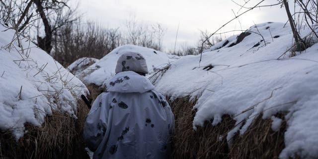 Ukrainian servicemen seen outside of Donetsk, Ukraine, on Jan. 31, 2022.