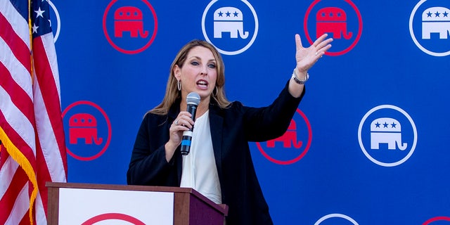 Republican National Committee Chair Ronna McDaniel speaks at a rally in Newport Beach on Sept. 26, 2022.