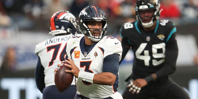 Denver Broncos quarterback Russell Wilson during a game at Wembley Stadium, London, Oct. 30, 2022. 