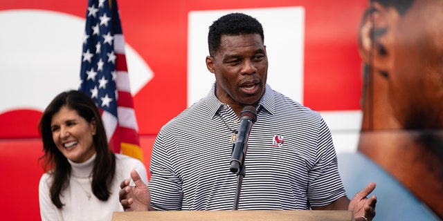 Herschel Walker, Republican candidate for U.S. Senate, speaks at a campaign event on November 6, 2022, in Hiram, Georgia.