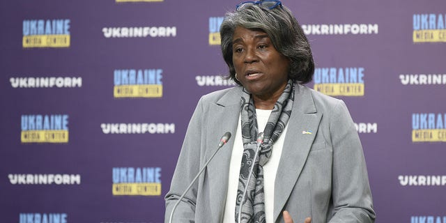 Representative of the United States of America to the United Nations, Ambassador Linda Thomas-Greenfield holds a briefing at the Ukrinform Ukrainian National News Agency, Kyiv, capital of Ukraine. 