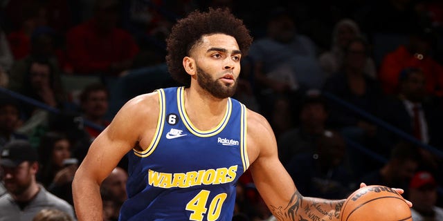 Anthony Lamb, #40 of the Golden State Warriors, dribbles the ball during the game against the New Orleans Pelicans on Nov. 21, 2022 at the Smoothie King Center in New Orleans.