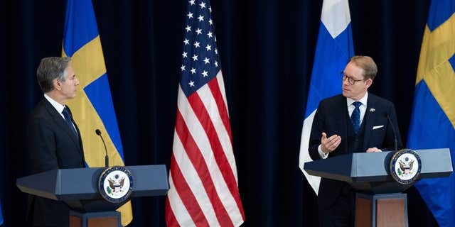 US Secretary of State Antony Blinken holds a joint press conference with Swedish Foreign Minister Tobias Billström following meetings at the State Department in Washington, DC, December 8, 2022. (Photo by SAUL LOEB / AFP) (Photo by SAUL LOEB/AFP via Getty Images)