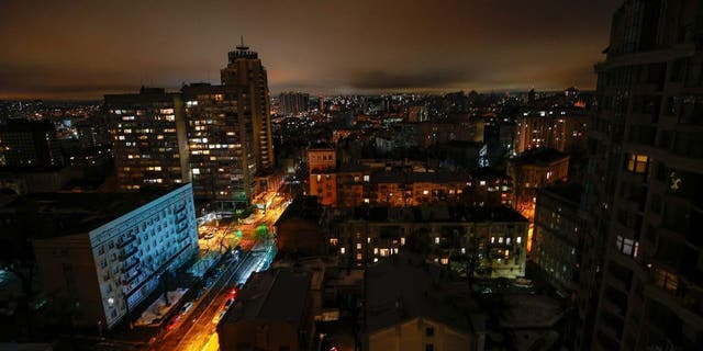 A view of dark streets as power cuts applied after energy infrastructure damaged by Russian attacks in Kyiv, Ukraine on Dec. 17, 2022. 