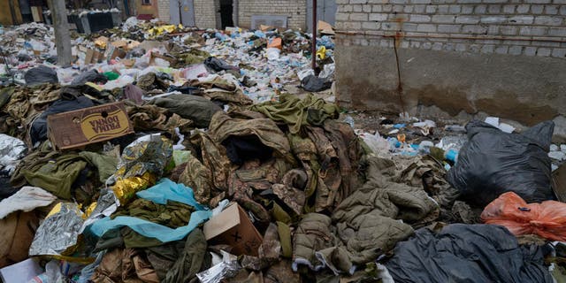 BAKHMUT, UKRAINE - DECEMBER 26: Medical waste and military clothes belonging to wounded Ukrainian soldiers outside an hospital on December 26, 2022 in Bakhmut, Ukraine. A large swath of Donetsk region has been held by Russian-backed separatists since 2014. 