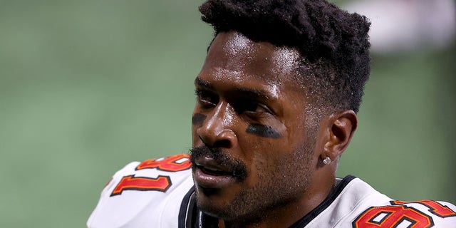 Antonio Brown, #81 of the Tampa Bay Buccaneers, looks on prior to the game against the Atlanta Falcons at Mercedes-Benz Stadium on Dec. 20, 2020 in Atlanta.