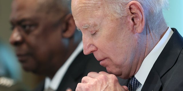 President Biden meets with Secretary of Defense Lloyd Austin, left, members of the Joint Chiefs of Staff, and combatant commanders in the Cabinet Room of the White House April 20, 2022, in Washington, D.C.