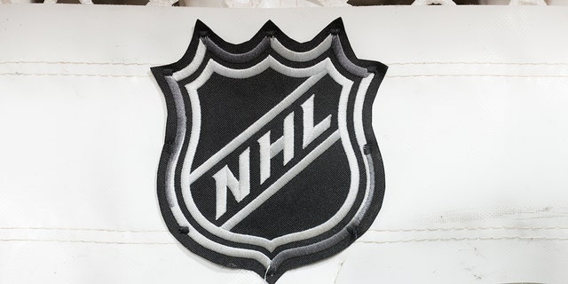 The NHL logo on the back of the goal on April 24, 2022, at the Prudential Center in Newark, New Jersey.