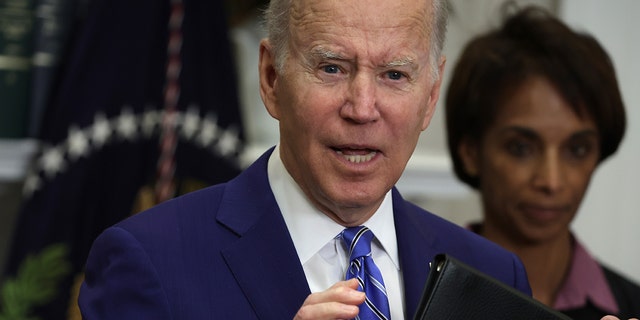 U.S. President Joe Biden speaks  at the Roosevelt Room of the White House May 4, 2022 in Washington, DC. 