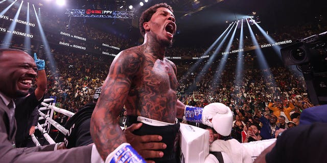 Gervonta Davis celebrates after knocking out Rolando Romero with a left hook in the sixth round during their fight for the WBA World lightweight title at Barclays Center on May 28, 2022 in Brooklyn, New York. 