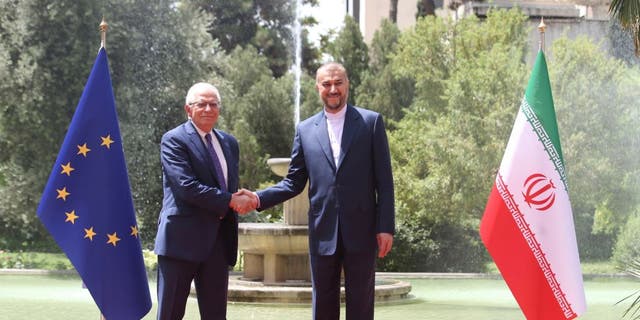 European Union High Representative for Foreign Affairs and Security Policy Josep Borrell, left, meets with Iranian Foreign Minister Hossein Amir Abdollahian, right, during his official visit on June 25, 2022 in Tehran, Iran. The European Union foreign policy chief met Iran’s Foreign Minister for talks aimed at reviving the stalled nuclear deal.