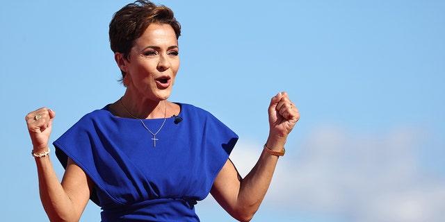 Arizona Republican nominee for governor Kari Lake speaks during a campaign rally attended by former U.S. President Donald Trump