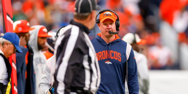 Denver Broncos head coach Nathaniel Hackett looks on against the New York Jets at Empower Field At Mile High on Oct. 23, 2022 in Denver.