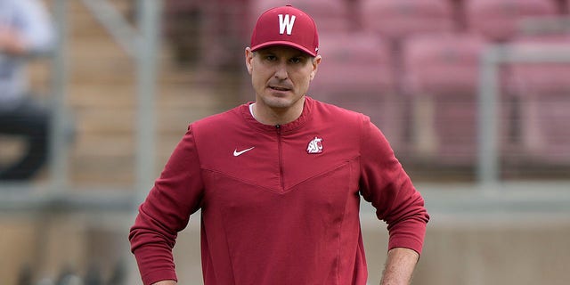 Head coach Jake Dickert of the Washington State Cougars during pregame warm-ups prior to playing the Stanford Cardinal at Stanford Stadium Nov. 5, 2022, in Stanford, Calif. 