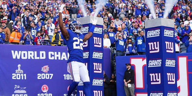 Adoree' Jackson of the New York Giants runs onto the field during introductions against the Houston Texans at MetLife Stadium on Nov. 13, 2022, in East Rutherford, New Jersey.