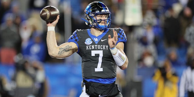 Will Levis of the Wildcats passes against the Georgia Bulldogs at Kroger Field on Nov. 19, 2022, in Lexington, Kentucky.