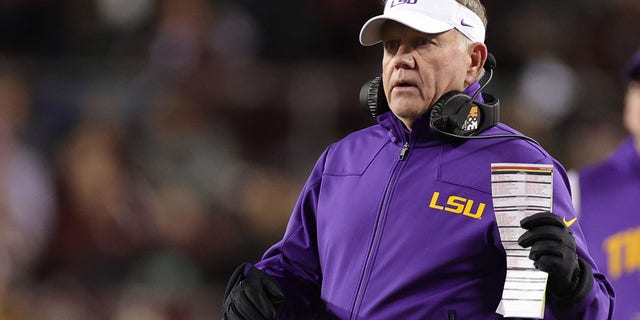 Head coach Brian Kelly of the LSU Tigers during the second half against the Texas A and M Aggies at Kyle Field Nov. 26, 2022, in College Station, Texas. 