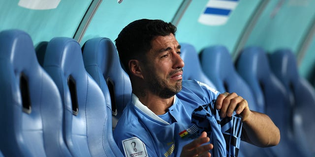 Luis Suarez of Uruguay look dejected after their sides' elimination from the tournament during the FIFA World Cup Qatar 2022 Group H match between Ghana and Uruguay at Al Janoub Stadium on December 02, 2022 in Al Wakrah, Qatar. 