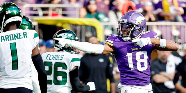 Justin Jefferson, #18 of the Minnesota Vikings, celebrates after a first down catch during the second quarter against the New York Jets at U.S. Bank Stadium on Dec. 4, 2022 in Minneapolis.