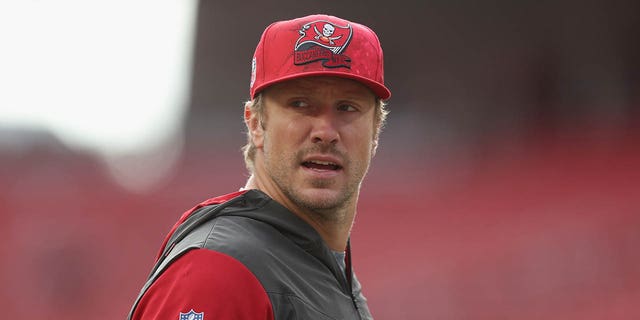 Blaine Gabbert, #11 of the Tampa Bay Buccaneers, warms up before the game against the San Francisco 49ers at Levi's Stadium on Dec. 11, 2022 in Santa Clara, California.