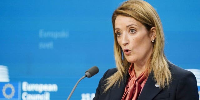 Roberta Metsola, president of European Parliament, speaks to the media during a European Council meeting Dec. 15, 2022, in Brussels, Belgium.