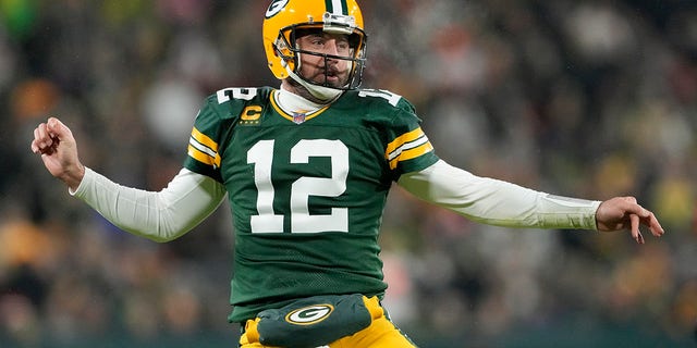 Aaron Rodgers of the Packers reacts after a play against the Los Angeles Rams at Lambeau Field on Dec. 19, 2022, in Green Bay, Wisconsin.