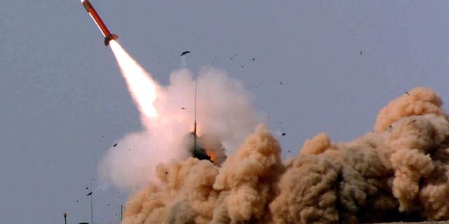 A Patriot missile is fired from a desert launch site April 12, 2005, in southern Israel in a photography provided by the Israeli Defense Forces.