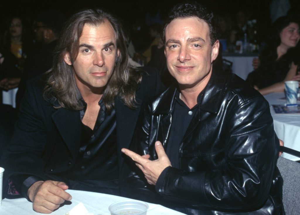 Jonathan Cain (L) and Neil Schon of Journey pose during the Bammie Awards at San Francisco Civic Auditorium on March 15, 1997, in San Francisco.