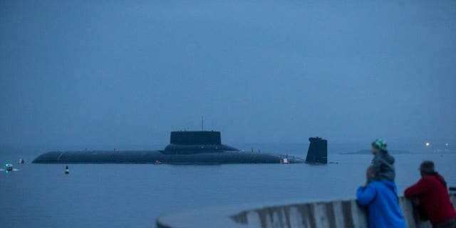 Russian Navy's TK-208 Dmitry Donskoy nuclear submarine is prepared for the Navy Day parade in Kronshtadt of the suburb of St. Petersburg. 