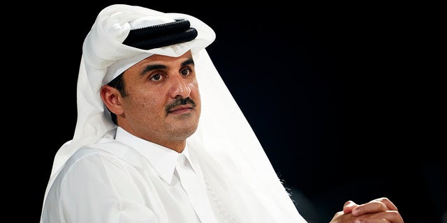 Sheikh Tamim bin Hamad Al Thani, the Emir of Qatar attends the Women's final match between Great Britain and Spain during day five of the ANOC World Beach Games Qatar 2019 at Katara Beach on Oct. 16, 2019, in Doha, Qatar. 