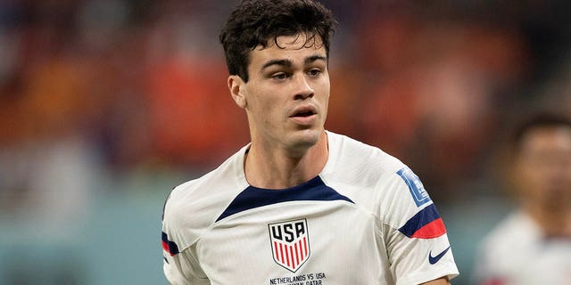 Giovanni Reyna, of the United States, during the FIFA World Cup Qatar 2022 Round of 16 match between the Netherlands and USA at Khalifa International Stadium on Dec. 3, 2022 in Doha, Qatar.