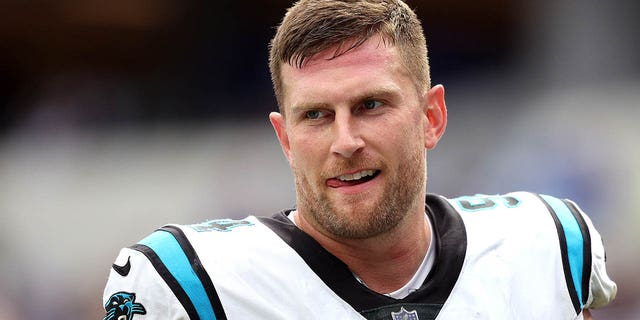 Henry Anderson, #94 of the Carolina Panthers, during warm up before the game against the Los Angeles Rams at SoFi Stadium on Oct. 16, 2022 in Inglewood, California. 