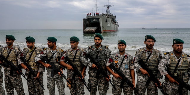 Iranian soldiers take part in an annual military drill in the coast of the Gulf of Oman and near the strategic Strait of Hormuz, in Jask, Iran on Dec. 30, 2022. 