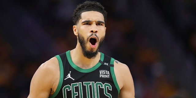 Boston Celtics forward Jayson Tatum (0) reacts after scoring against the Golden State Warriors during the second half of Game 5 of the NBA Finals in San Francisco June 13, 2022.