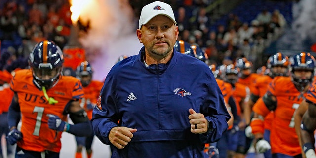 UTSA Roadrunners head coach Jeff Traylor enter the stadium before their game against Louisiana Tech Bulldogs  at Alamodome on Nov. 12, 2022 in San Antonio.