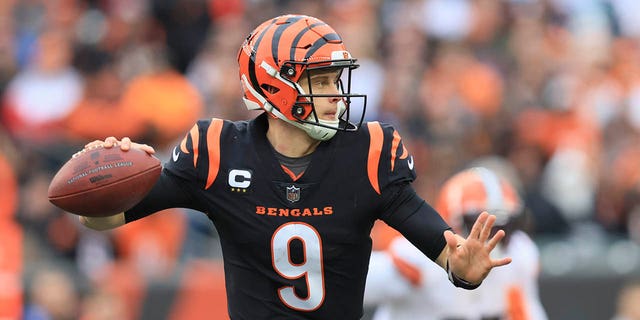 Cincinnati Bengals quarterback Joe Burrow throws during the first half of an NFL football game against the Cleveland Browns, Sunday, Dec. 11, 2022, in Cincinnati.