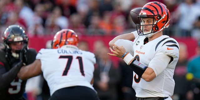 Cincinnati Bengals quarterback Joe Burrow (9) throws a pass against the Tampa Bay Buccaneers during the first half of an NFL football game, Sunday, Dec. 18, 2022, in Tampa, Fla.