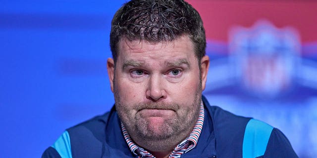 Tennessee Titans general manager Jon Robinson answers questions from the media during the NFL Scouting Combine on March 2, 2022, at the Indiana Convention Center in Indianapolis.