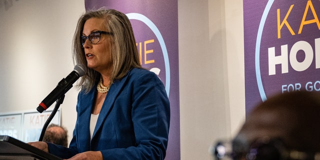 Arizona Gov.-elect Katie Hobbs speaks to attendees at a rally to celebrate her victory in Phoenix on Nov. 15, 2022.