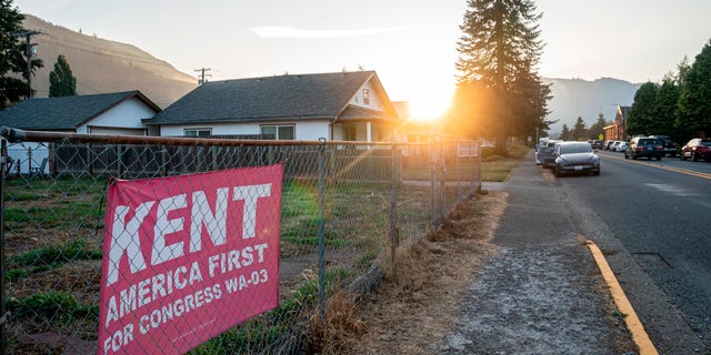 A campaign flag for Republican Congressional candidate Joe Kent is displayed near a campaign event on Oct. 5, 2022, in Morton, Washington.