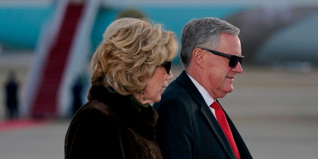 Former White House Chief of Staff Mark Meadows and his wife Debbie Meadows at Joint Base Andrews in Maryland on Jan. 20, 2021. 