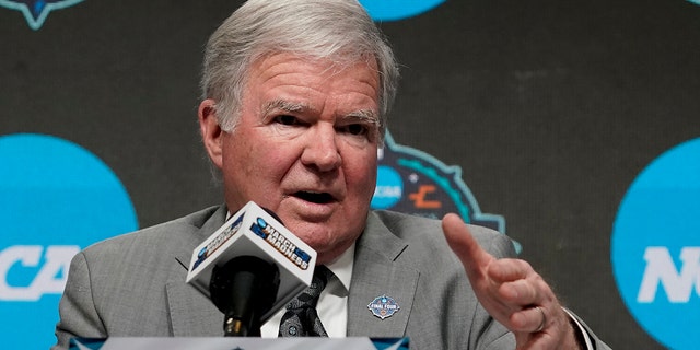 NCAA president Mark Emmert speaks at a news conference at the Target Center, site of the Women's Final Four NCAA tournament Wednesday, March 30, 2022, in Minneapolis.