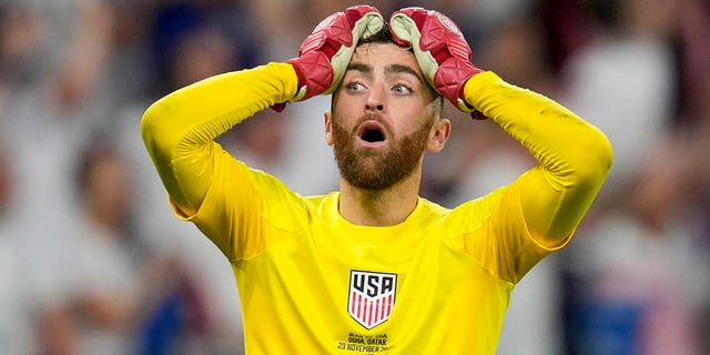 Goalkeeper Matt Turner of the United States reacts during the World Cup group B soccer match between Iran and the United States at the Al Thumama Stadium in Doha, Qatar, Tuesday, Nov. 29, 2022. 