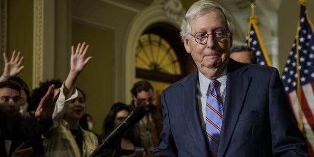 Senate Minority Leader Mitch McConnell, a Republican from Kentucky, leaves a news conference following the weekly Republican caucus luncheon at the US Capitol in Washington, DC, US, on Wednesday, Sept. 28, 2022. The Senate voted Tuesday to advance a stop-gap funding bill to keep the government running after a bid to include a controversial energy permitting bill was dropped. Photographer: Samuel Corum/Bloomberg via Getty Images 