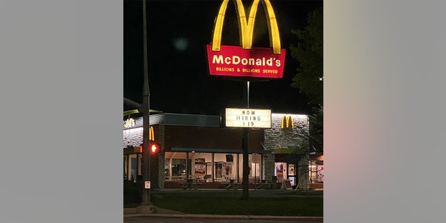 A now-hiring sign at Moab's only McDonald's restaurant  in September 2021, weeks after the murders of newlyweds Kylen Schulte and Crystal Turner.