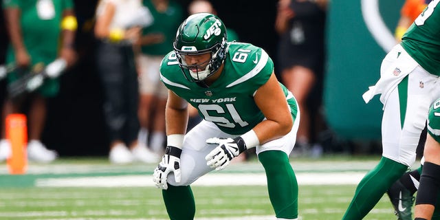 New York Jets offensive tackle Max Mitchell during the second quarter of the game with the New York Giants on August 28, 2022, at MetLife Stadium in East Rutherford, New Jersey.